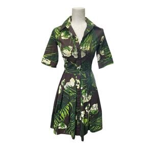 Samantha Sung Kelly Palm Shirt Dress Brown Green Cotton Stretch Size 0